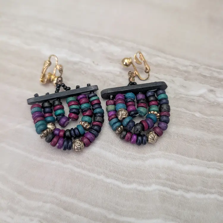 Vintage Clip On Earrings Statement Teal, Blue, Purple, Large Wooden Bead Dangle