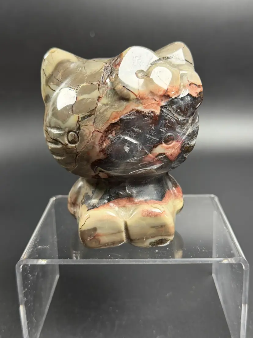 Hello Kitty Stone Carving Natural Ocean Jasper Polished Crystal 3.5" 1lb 2.7oz