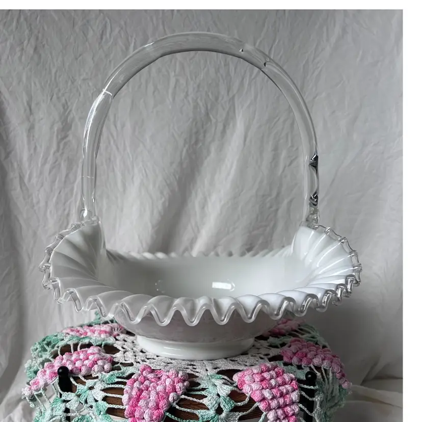 VINTAGE LARGE FENTON SILVER CREST BASKET 13.5” LONG