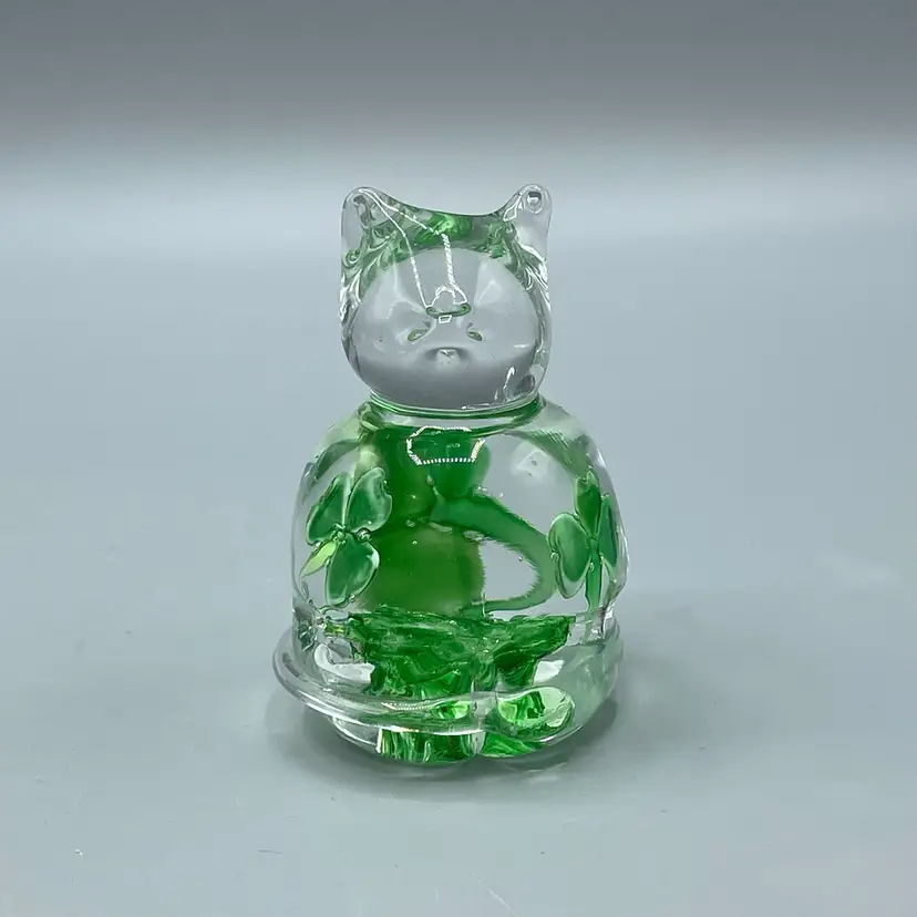 Blarney Art Glass Ireland Green Clover Shamrock Cat Paperweight