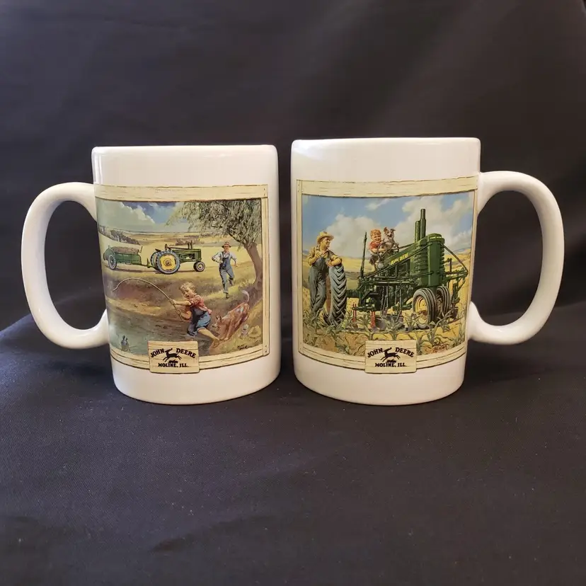 John Deere Coffee Cups Mugs Houston Harvest Tractor & Boy Fishing 31058 set of 2