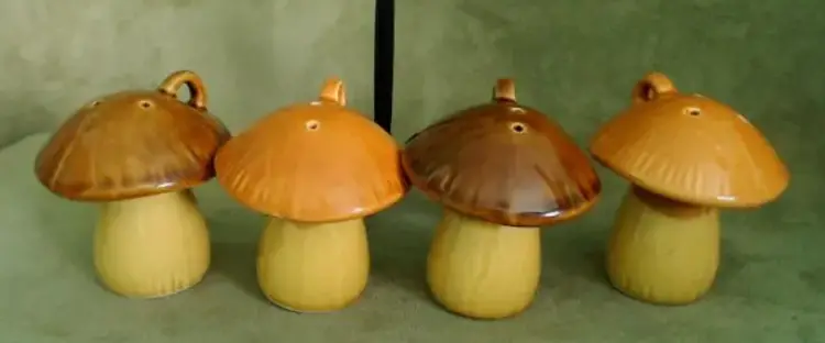 Vintage Mushroom Salt and Pepper Shaker Set | Brown and Orange Woodland Mushrooms | Spice Shakers on a Hanging Caddy | 1970s Made in Japan