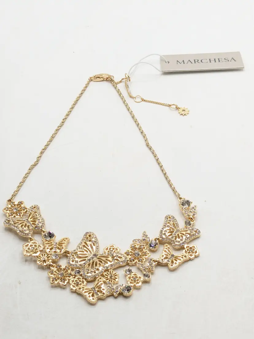 Marchesa Crystal Gold Tone Butterfly Floral Statement Necklace NWT