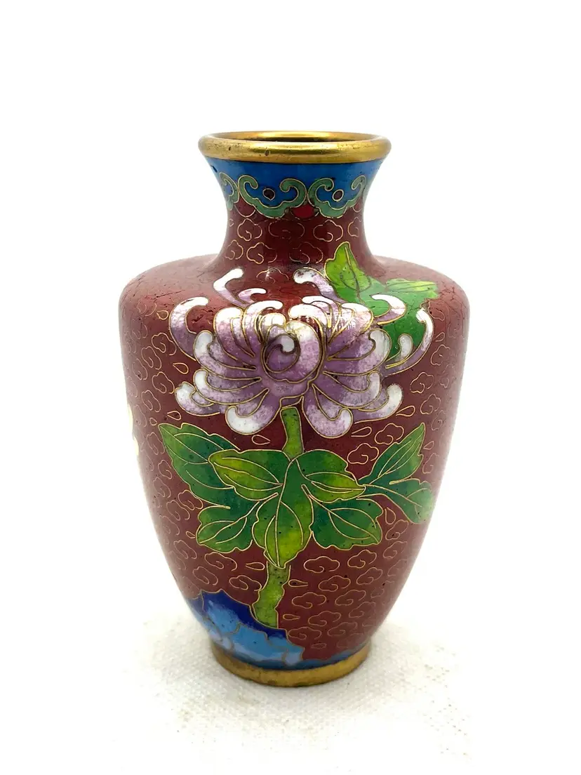 Vintage Chinese Cloisonné Miniature Flower Bud Vase Enameled Brass Pink Floral
