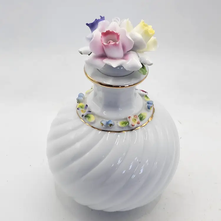Matson vanity porcelain perfume bottle 6" Vintage applied flowers