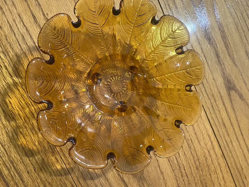 #01 vintage amber glass footed dish with a feather pattern. - 7”