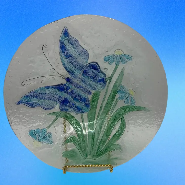Fused Glass Butterfly And Daisy Plate, 11” Diameter