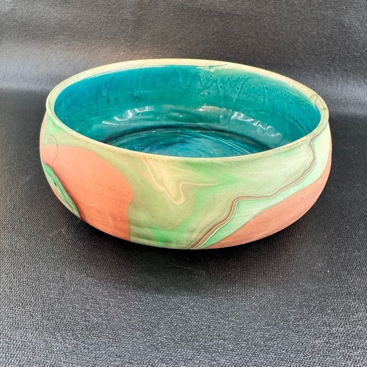 Garden of the Gods Handmade Pottery Bowl 7” Swirled Design Bright Teal Glaze Colorado Springs