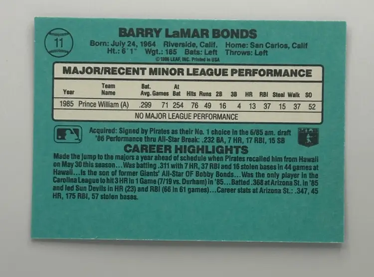 Barry Bonds Donruss '86 The Rookies Card