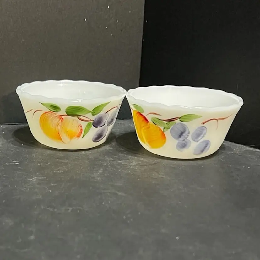 Set Of 2 Fire King Gay Fad Fruit Hand Painted Milk Glass 6oz Custard Bowls, Vintage ~2 X 4" Diameter