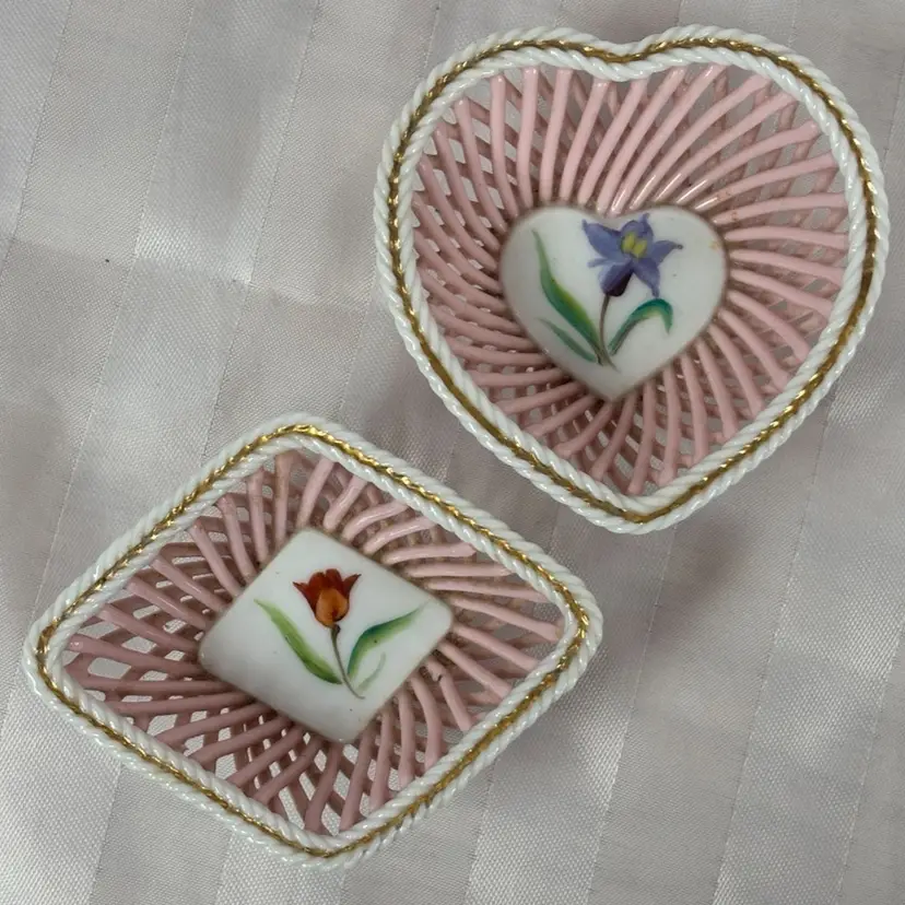 Two Vintage Reticulated Hand Painted Floral Motif Porcelain Basket Trinket Dishes