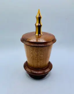 Handmade Wooden 8.5” Trinket Jewelry Box Round Spike Lidded Boho Rustic Signed