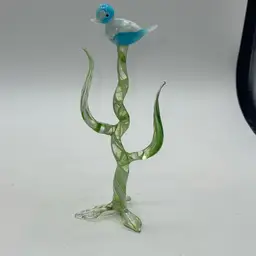 Blown Glass Light Blue Bird In Tree 7”