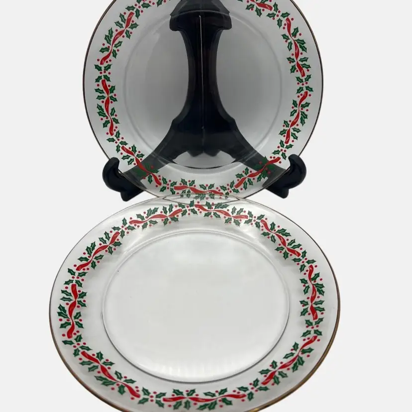 2 Clear Glass Christmas Salad Plates with Holly & Ribbon Design and Gold Trim 8"