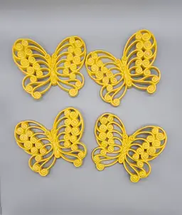 Mid Century Yellow Burwood Butterflies Wall Art Hanging Plaques Set of 4