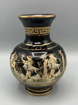 Vintage Stakias P Black with 24K Gold Ceramic Vase 4.5" - Hand Made in Greece