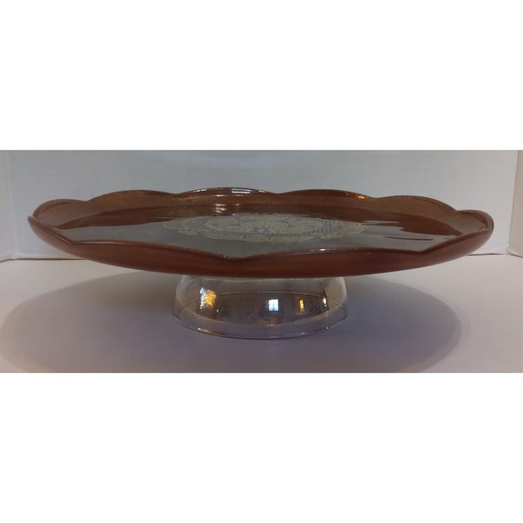 Vintage MCM Georges Briard Brown Gold Scallop Edge Footed Cake Stand 11 inches