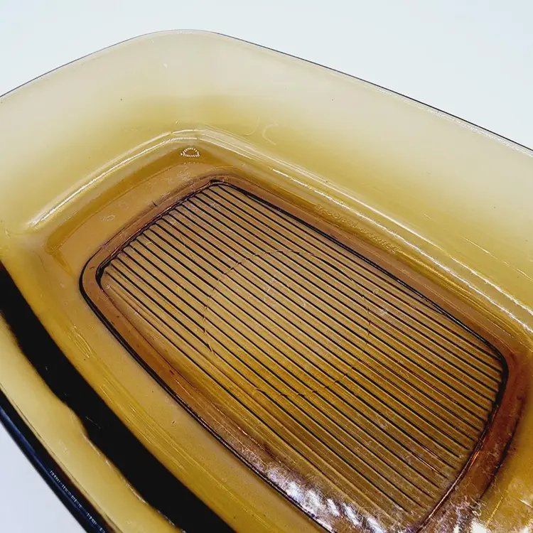 Vintage Arcopal France Amber Brown Oval Glass Dish 7"X4.5" Ridged Bottom