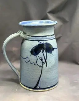 SALE Vintage Blue Glaze Art Pottery Pitcher Kitchen Utensils Vase Shelf Sitter Signed