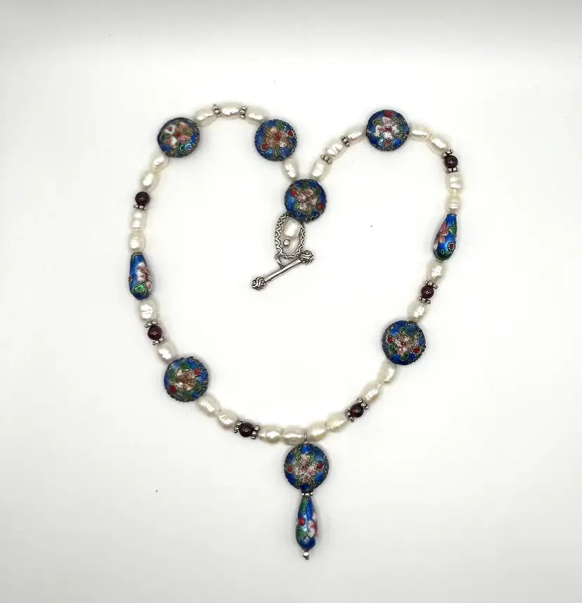 Rice Pearl Garnet & Cloisonné Beaded Necklace 16” Made By Me
