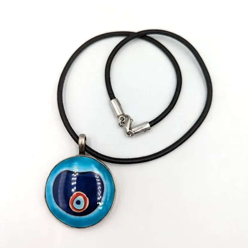 Sterling Silver Ceramic Evil Eye Pendant On 925 Black Leather Cord Statement