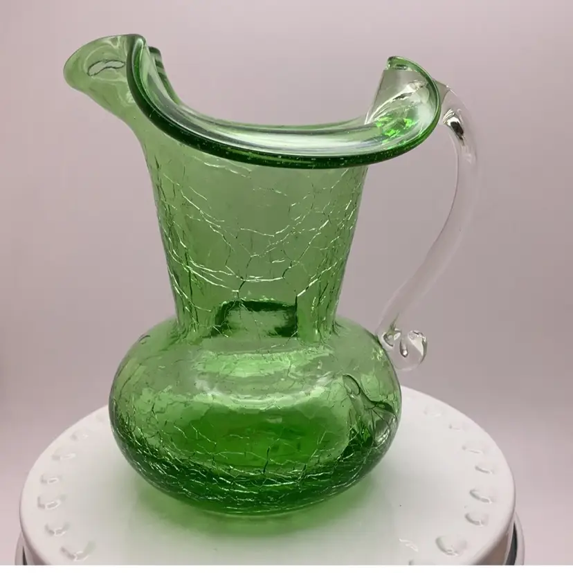 VTG Green Crackle Blown Glass Bud Vase Pitcher Creamer 3.75”