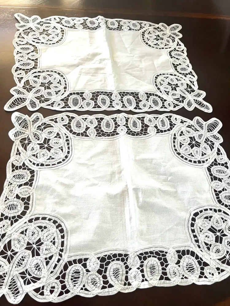 2 Battenberg Lace Placemats/Doily, White Cutwork and Lace, Vintage 16 by 20 inches, Open Work Table Decor