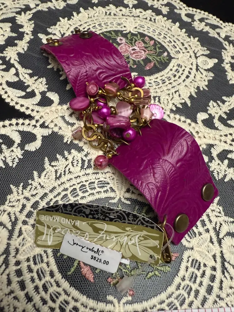 Brand New Jenny Rabell handmade magenta leather cuff bracelet with charm details