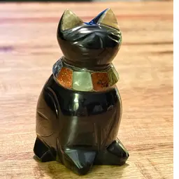Black Obsidian Stone Cat Figurine Abalone Inlay Mosaic Collar Hand Crafted 3”