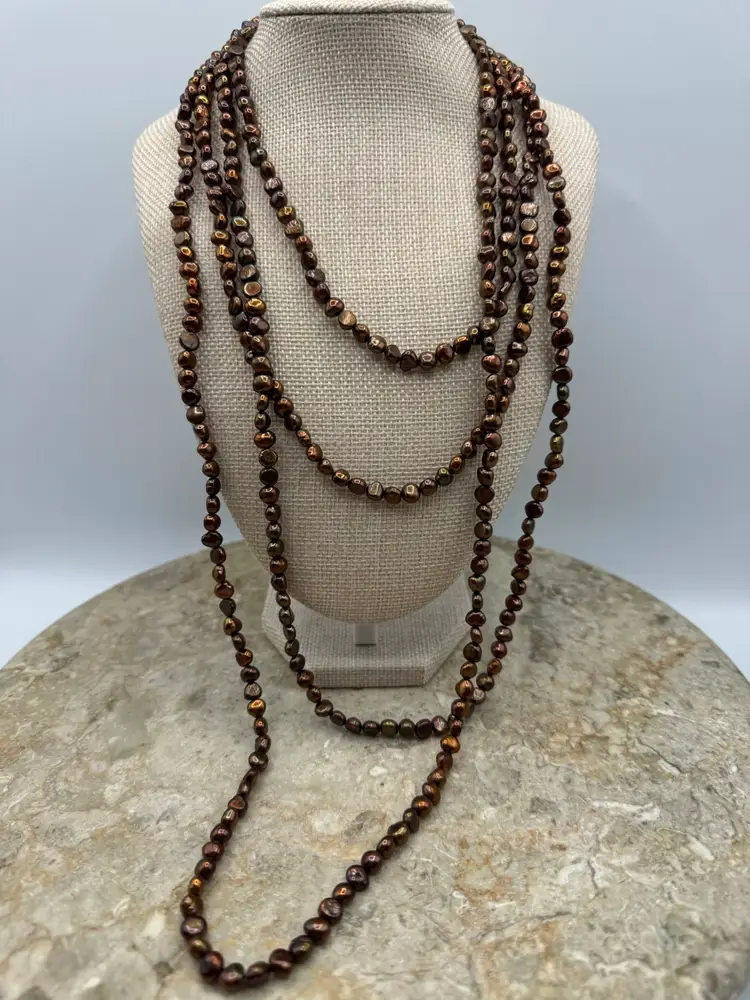 Golden Bronze Brown 100 Inch Strand Of Genuine Pearl & Matching Earrings 18k Gold Plated Fishhooks