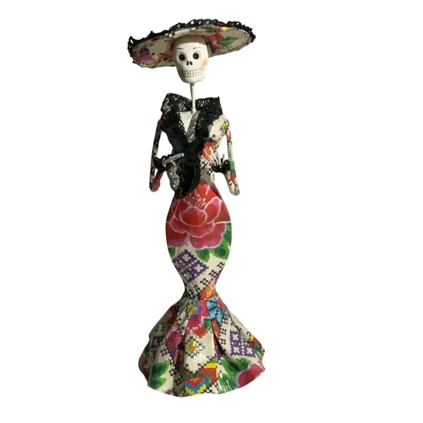 6543 Mexican Folk Art Catrina Wearing Traditional Pink Rose Floral Dress Ceramic Face Metal Appendages Fabric, Paper And Paper Mache Outfit 14” Tall And 5.5” Diameter