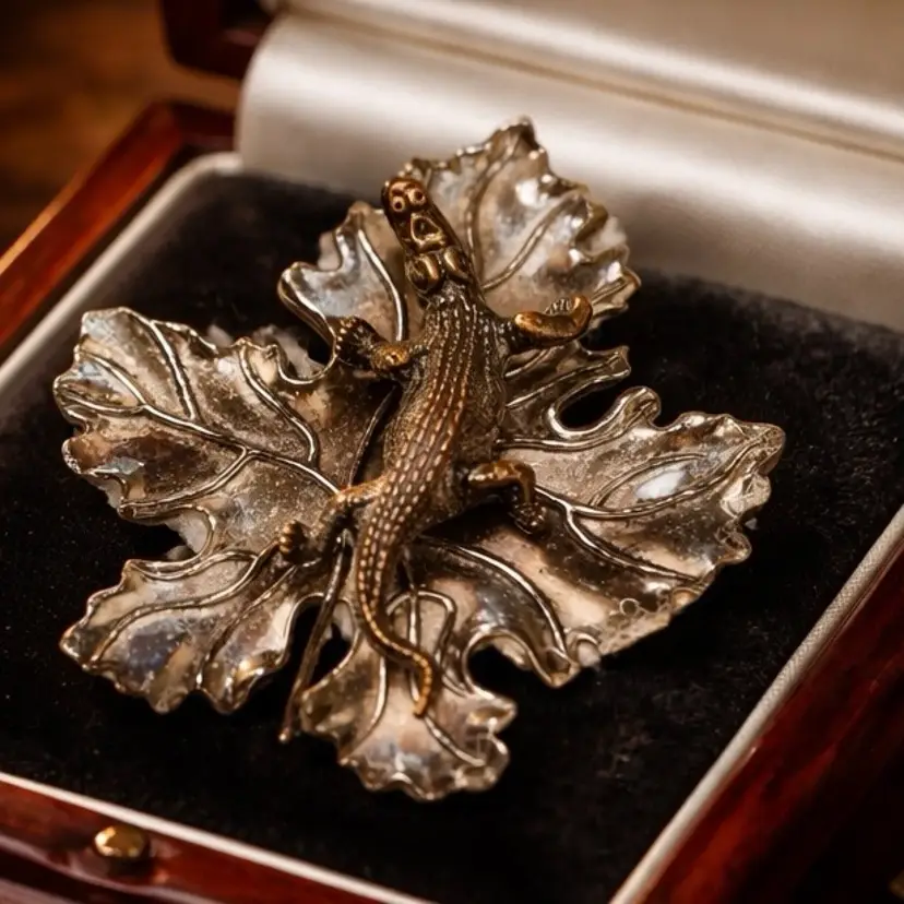 Vintage Sylvia Dahl Brooch Clip of Crocodile on Leaf, 3" x 2.75"