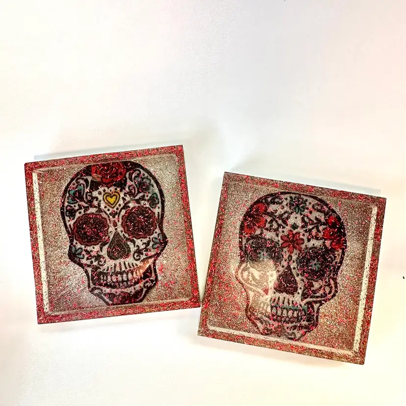 Sugar Skull Resin Coasters Square Glitter Accent 4x4” Made By Me Set Of 2