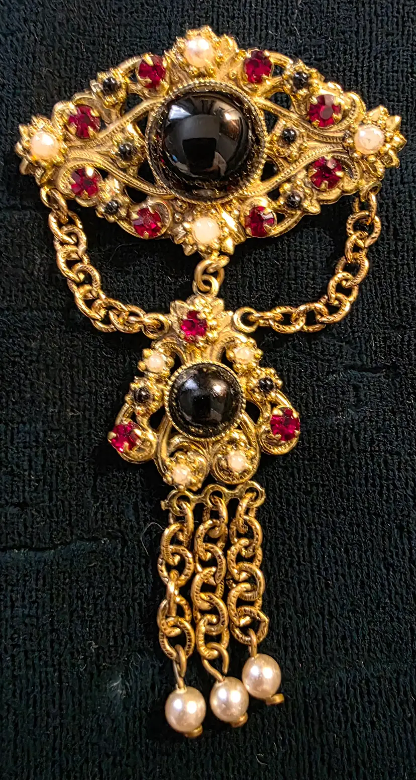 Vintage Florenza Brooch, Gold-Tone with Intricate Filigree, Red Rhinestones Accents, and Dangling Chains with Faux Pearls.