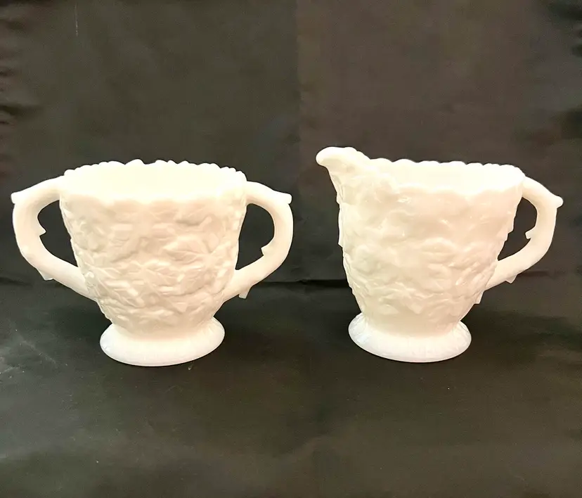 Vintage Westmoreland White Milk Glass Bramble Pattern Creamer & Sugar Set