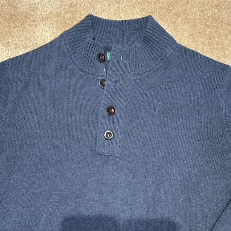 Orvis 1/4 4-Button Sweater Blue Wool Cotton Blend Long Sleeve Collared Polo Knit Sz M
