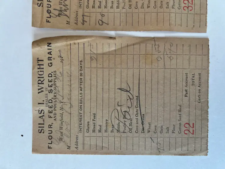 Antique General Store Receipts. 1920 Silas Wright Mercantile Flour Feed Grain Ephemera. Winfield NY