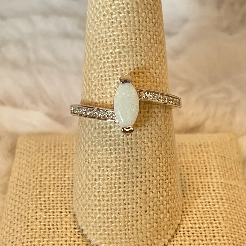 Sterling Silver White Opal Marquise Ring CZ Accents Size 9 Dainty Stackable