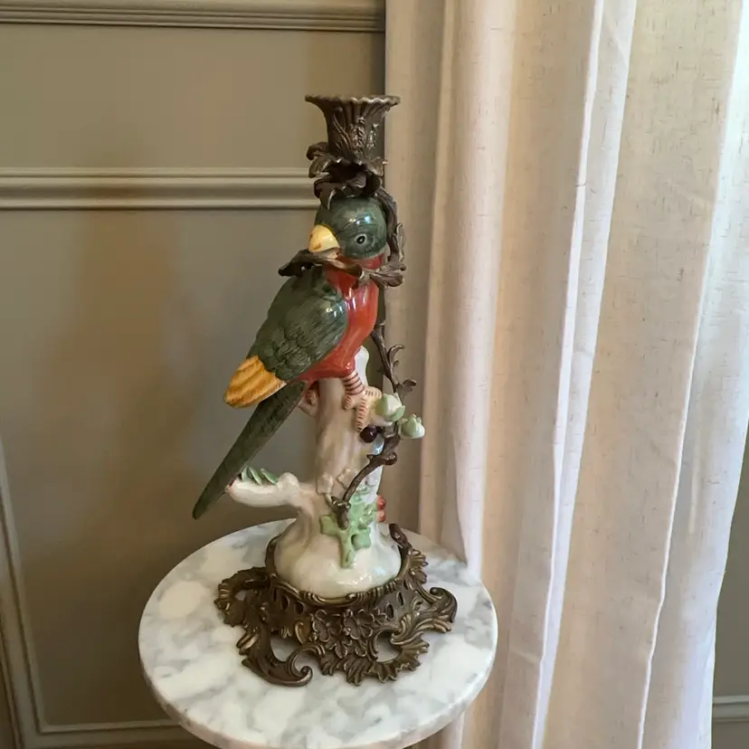 🔔 Vintage Hua Rong Tang Zhi Porcelain Parrot Candlestick | Bronze Ormolu Base