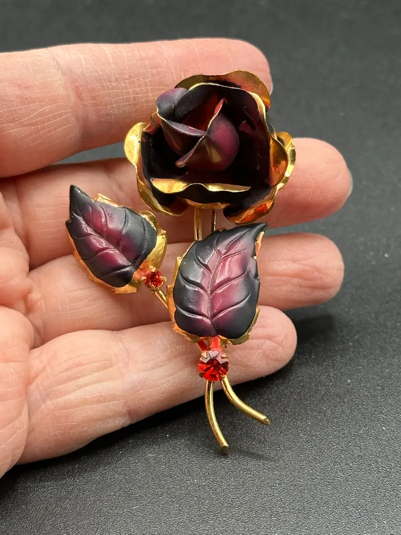 Gold Tone Rose Brooch Dark Pink Rhinestone Rose Pin C Clasp