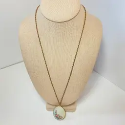 Vintage Pink Floral Painted White Porcelain Oval Pendant GoldTone Chain Necklace