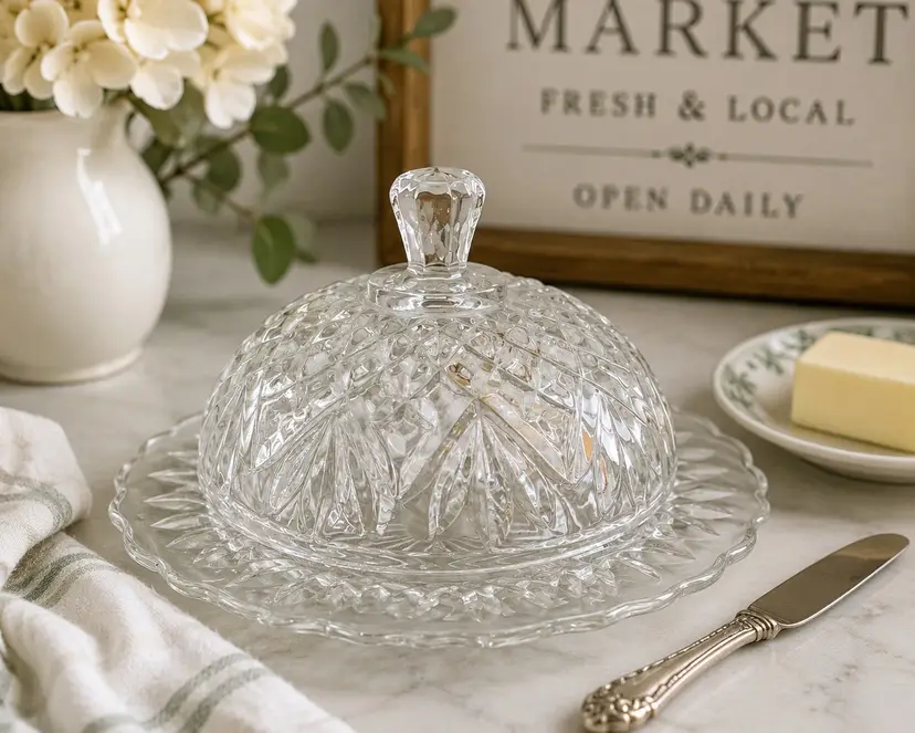 Vintage Anchor Hocking Clear Glass Round Covered Butter Dish & Domed Lid Set