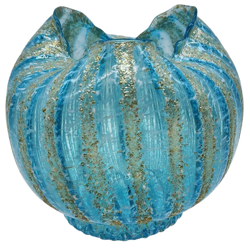 Dugan Aqua Frit Triple Pinched Rose Bowl Tri Cornered 4" Tall