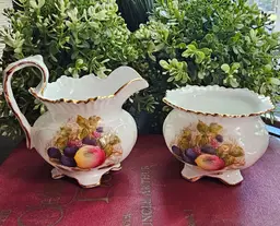 Aynsley England Bone China Footed Creamer & Open Sugar Orchard Fruit Signed D. Jones