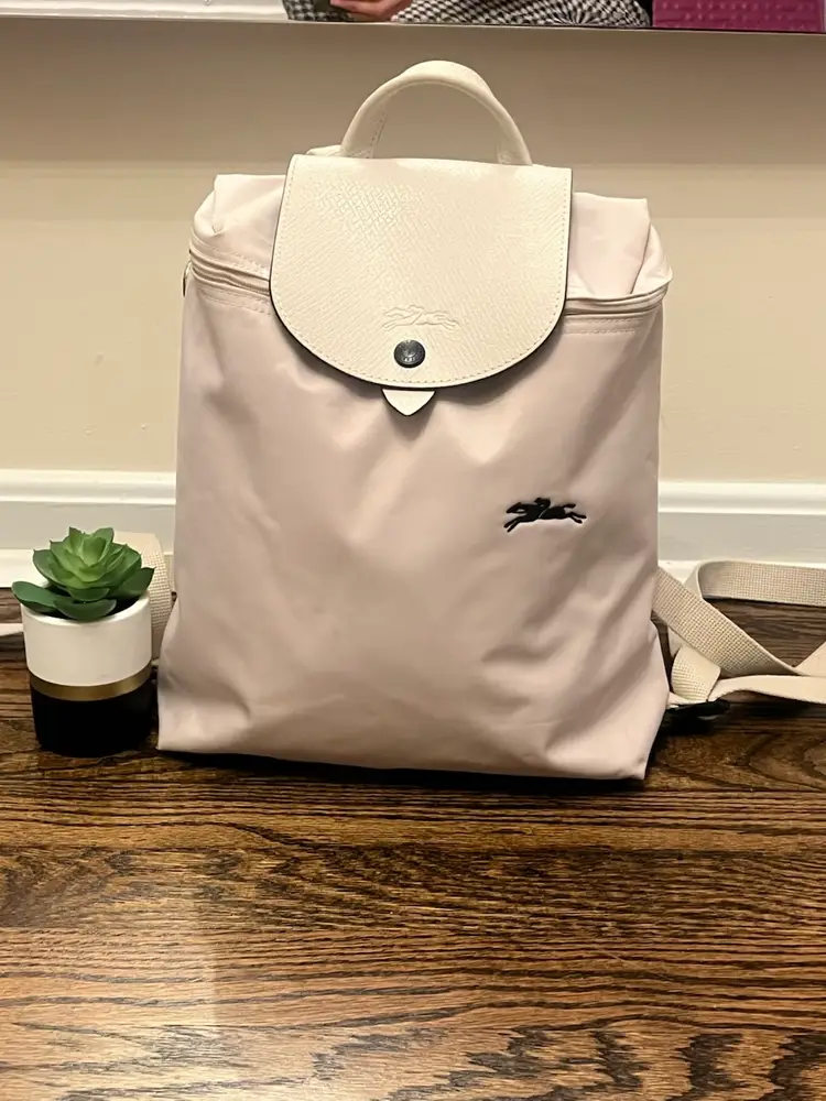 Longchamp Le Pliage Club Collection. Leather & Nylon Backpack Bag Purse Cream Tan Color