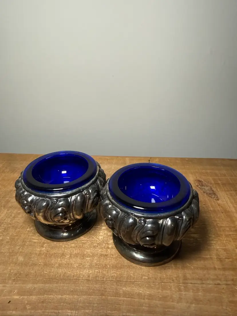 Pair of Weidlich Bros Silverplate Salt Cellars with Cobalt Blue Glass Inserts