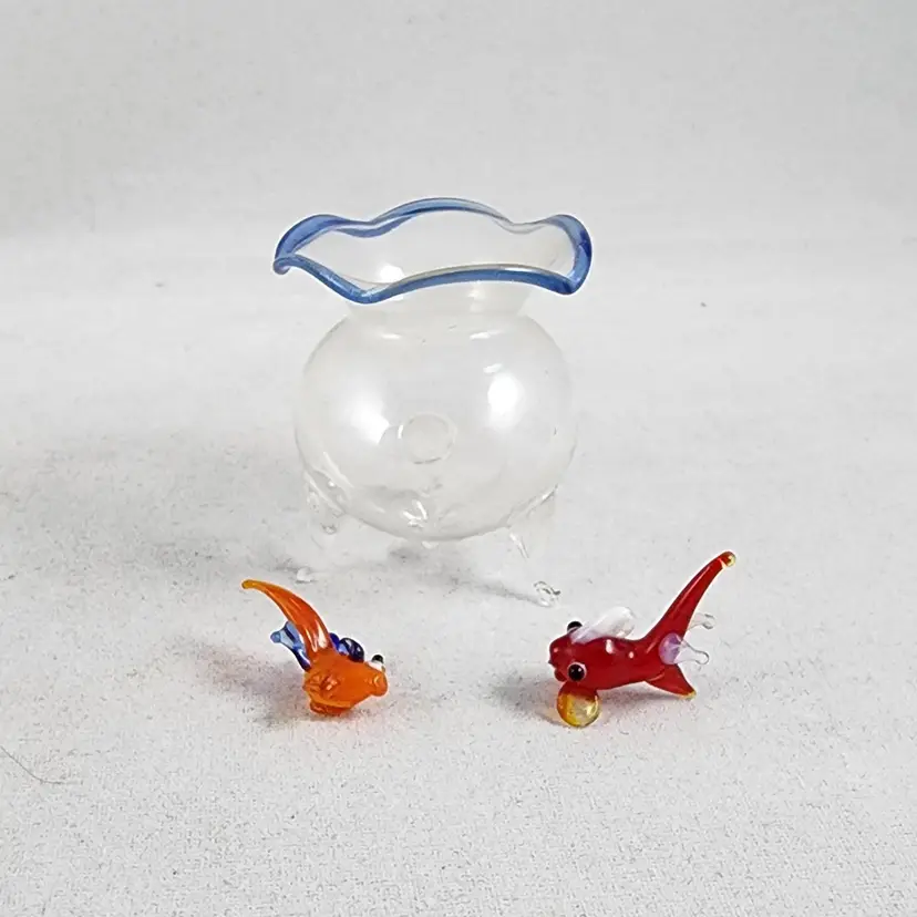 Lampworked Art Glass Fish Bowl with Fish Miniature Figurine