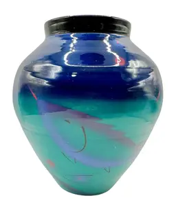Signed Natalie Warrens Studio Art Pottery Vase Turquoise Blue Pink Fish 94 6.75”