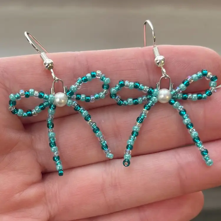 Handmade By Me - Seed Bead Bow Earrings, Dark Blue Winter Mix Seed Bead Earrings With Faux Pearl Center, Handmade Earrings, Made By NN Artist