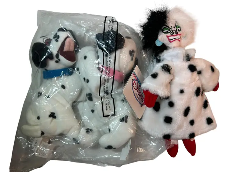 Disney Store Bean Bag Plush 101 Dalmatians Lucky Jewel & Cruella New
